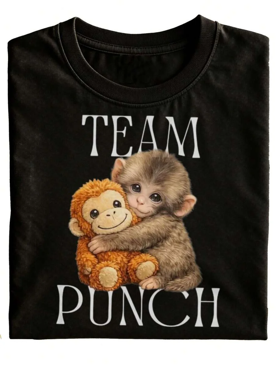 Team Punch New Fun Unisex T-Shirt, Black, Team Punch Monkey And Teddy Bear Print, Ideal For Daily Wear And As A Gift, Pure Fashion Casual Short Sleeve Top, Plus Size