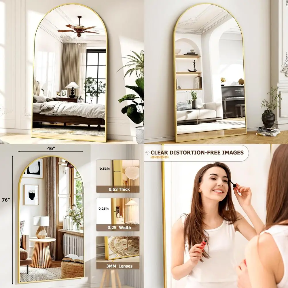 Espelho de piso arqueado de grandes dimensões, espelho autônomo ou de parede de comprimento total para sala de estar, espelho de corpo grande com suporte