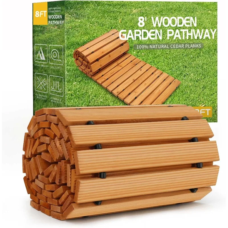 

8' Wooden Garden Pathway,Outdoor Roll Out Cedar Straight Walkway,Patio Path Decorative Garden Boardwalk Walkways