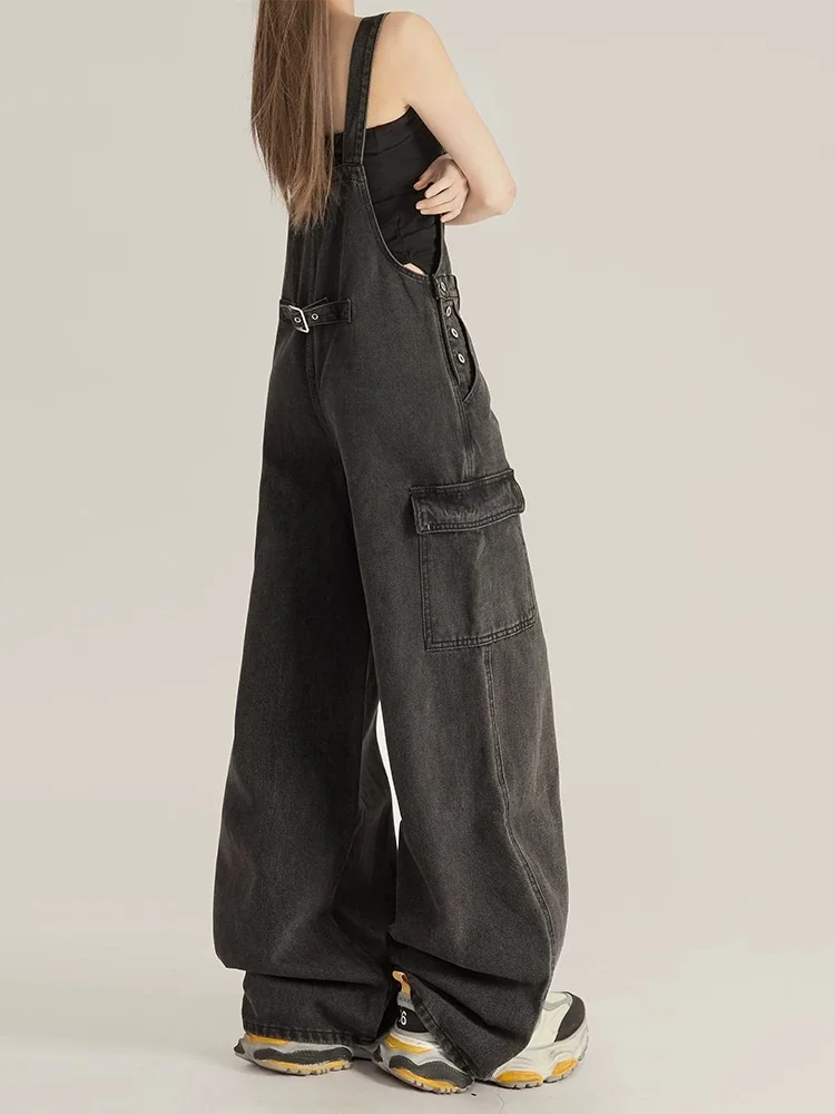 Vintage Black Gray Youthful Cargo Denim Overalls for Women 2025 Autumn New Loose Relaxed Wide Leg Pants