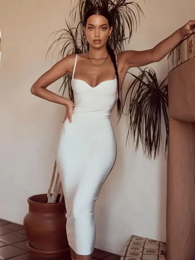 HQBORY Summer White Midi Bandages Dress Bodycon Women Spaghetti Strap Sleeveless elegant V neck High Quality vestidos