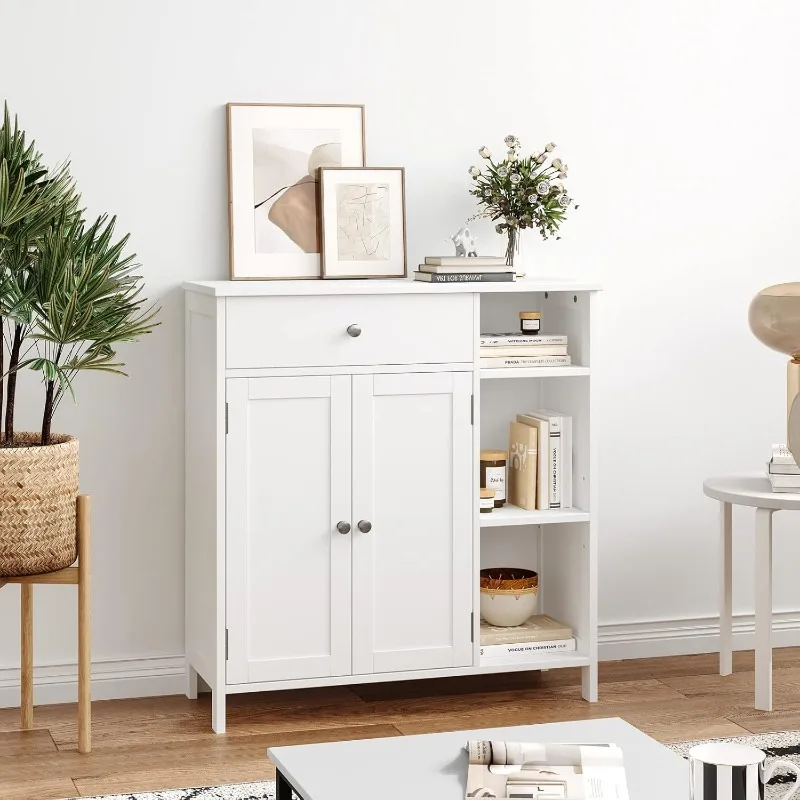 Bathroom Cabinet with Doors, Bathroom Floor Cabinet with Drawer & Adjustable Shelf, Kitchen Cupboard, Storage Cabinet