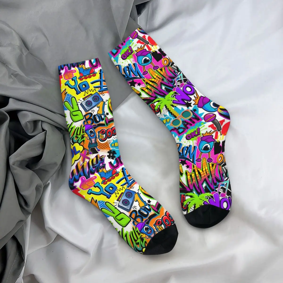 Chaussettes rétro sans couture pour hommes, motif d'art graffiti, style de rue, nouveauté, palmier, rouleau à main, chaussettes d'équipage, Harajuku