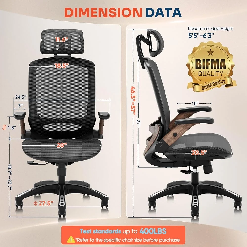 

Ergonomic High Back Office Chair with Headrest Flip-Up Arms 90-120° Tilt Lock Wide Cushion Mesh Support Big and Tall
