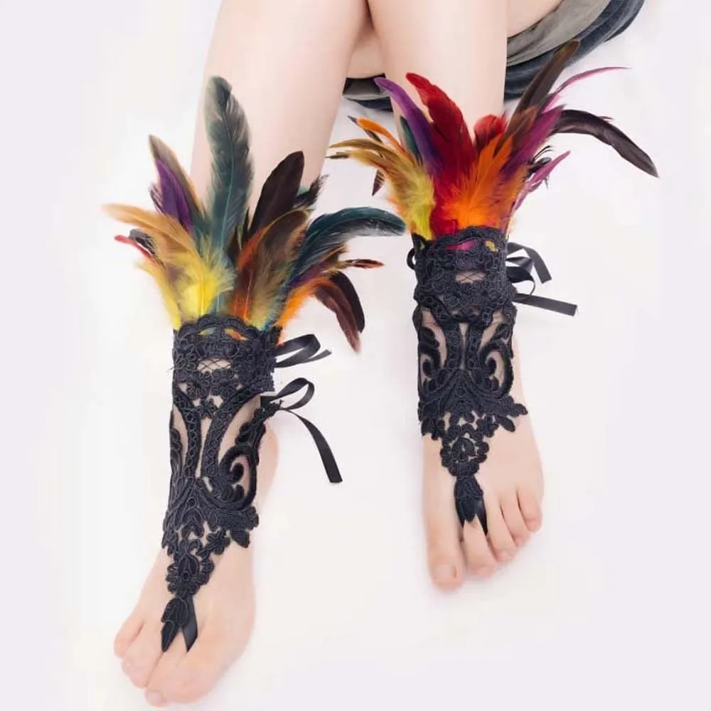 الإبداعية معصمه هالوين ريشة قفازات التطريز القوطية ريشة الدانتيل قفاز الرجعية الظلام النساء هالوين الأصفاد لوازم الحفلات #3