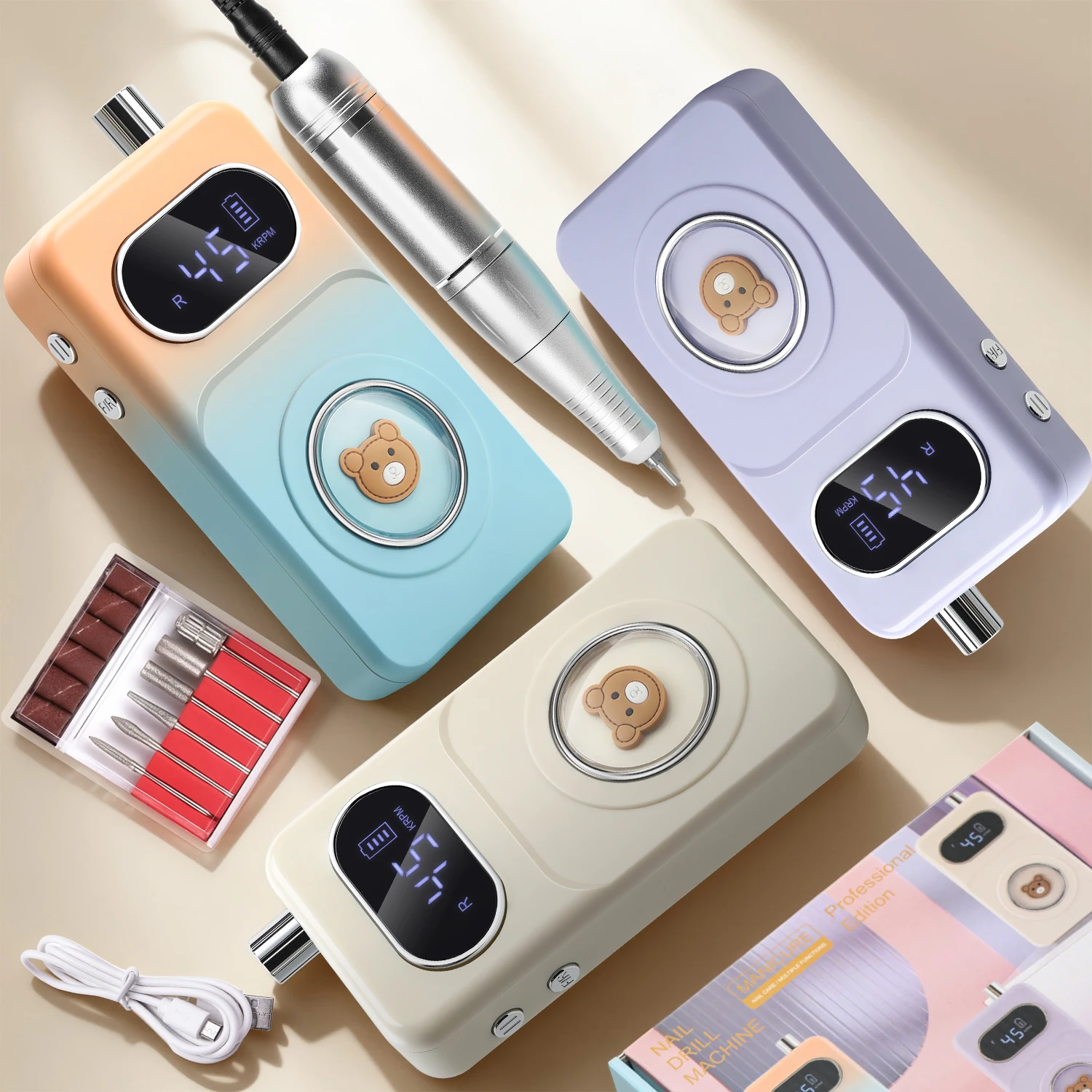 

Cute Bear Rechargeable Electric Nail Drill: 45000 RPM, 8-Hour Battery, HD LCD Screen - Salon-Quality Nail Filing & Removal