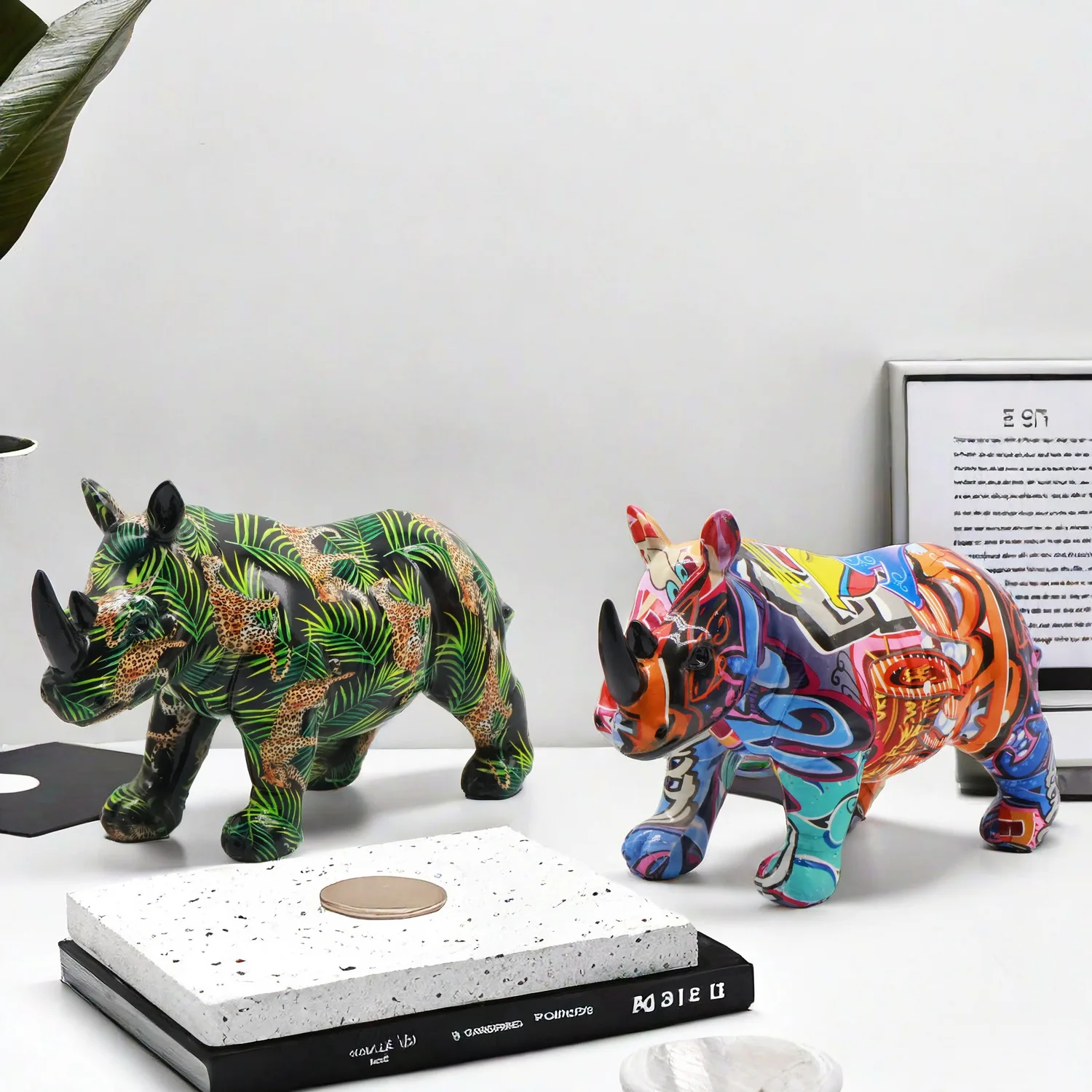 Nordic Colorful Rhinoceros Figurine. Painted Animal Sculpture Models. Office, Study, Living Room, Desktop Handicraft Decoration
