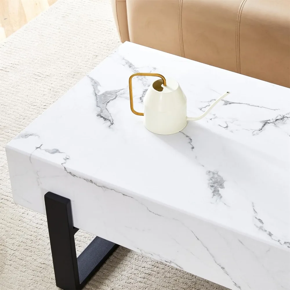 Large Rectangular Marble-Patterned Coffee Table with Metal Legs for Living and Dining Rooms