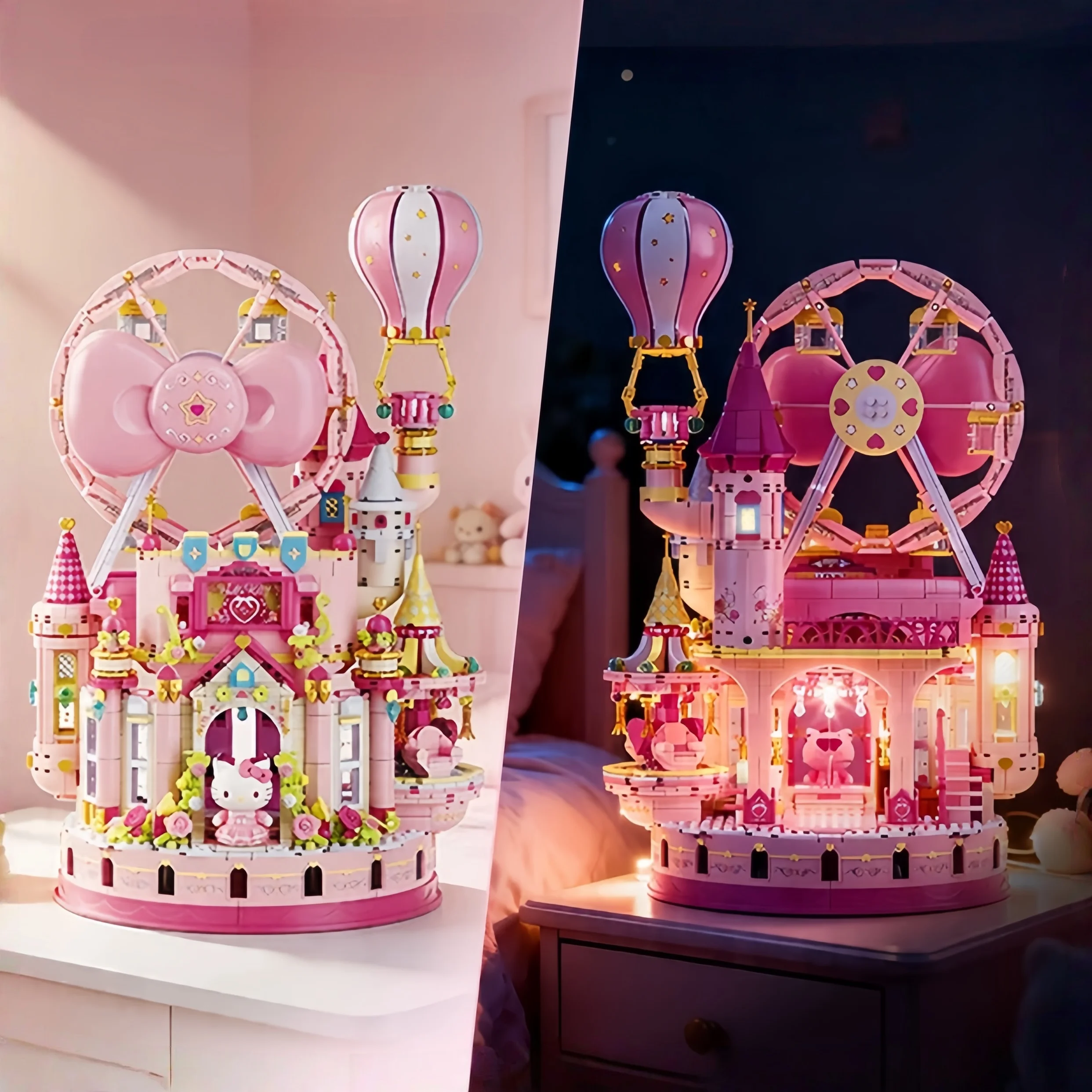 Hello Kitty Pink Castle Building Blocks Sanrio Cartoon Anime Assembled Toy Architecture Street Scene Ornament Collectible Gift