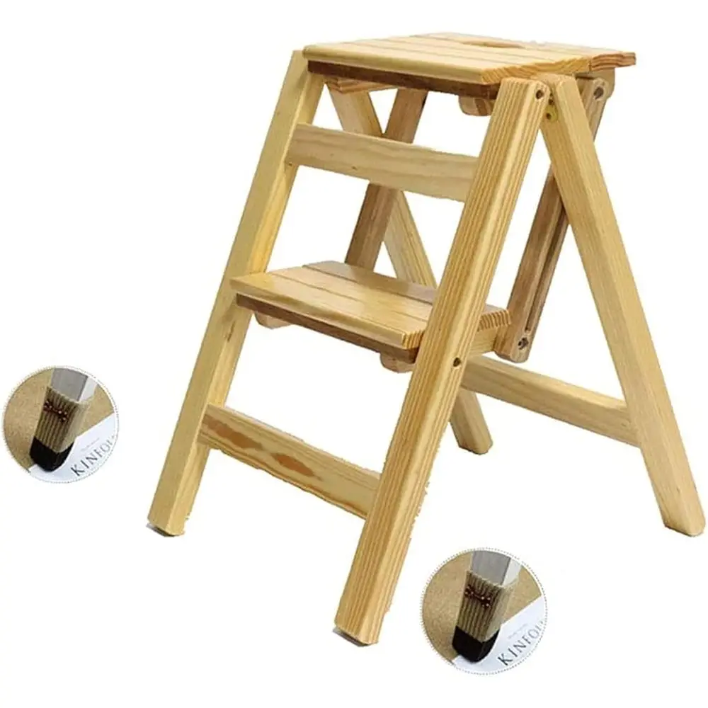 

Compact 2-Step Wooden Folding Ladder with Seat and Anti-Slip Feet