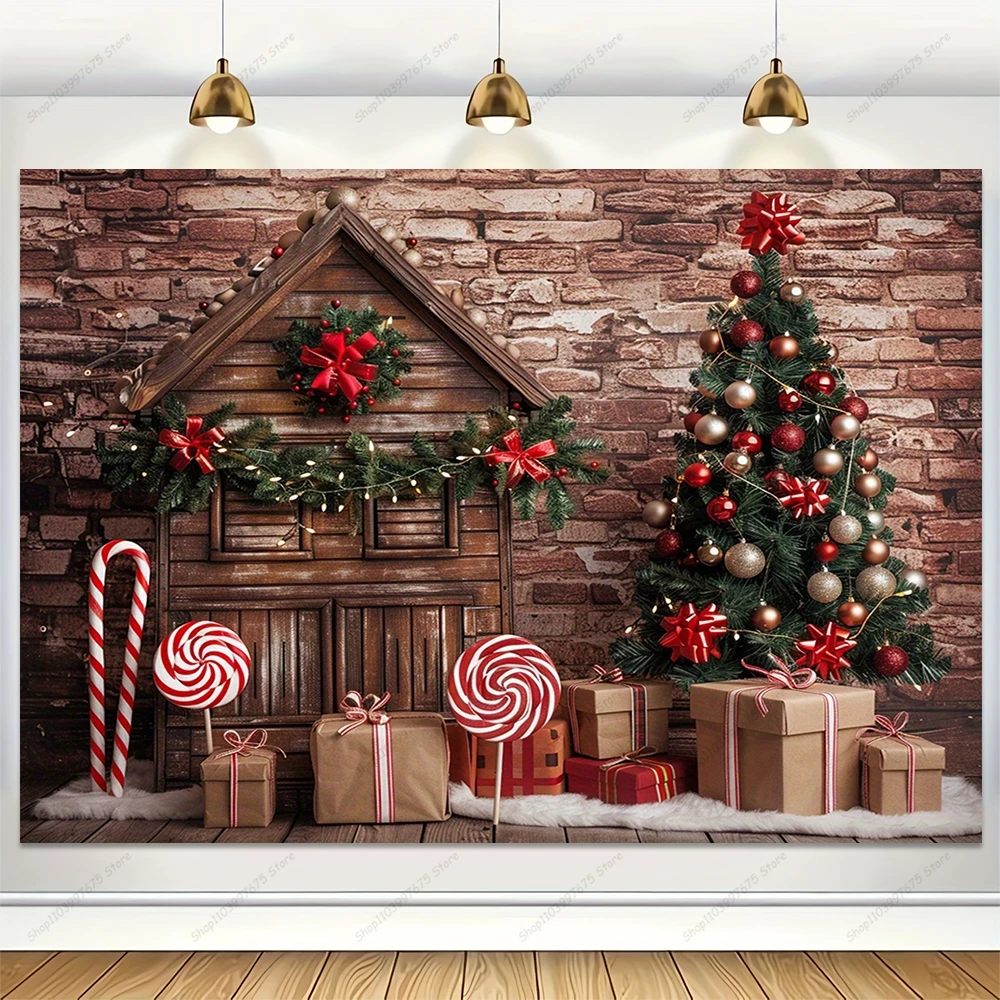 Sfondo di fotografia di natale casa di legno di natale decorazioni per alberi di caramelle sfondo forniture per feste di compleanno per bambini