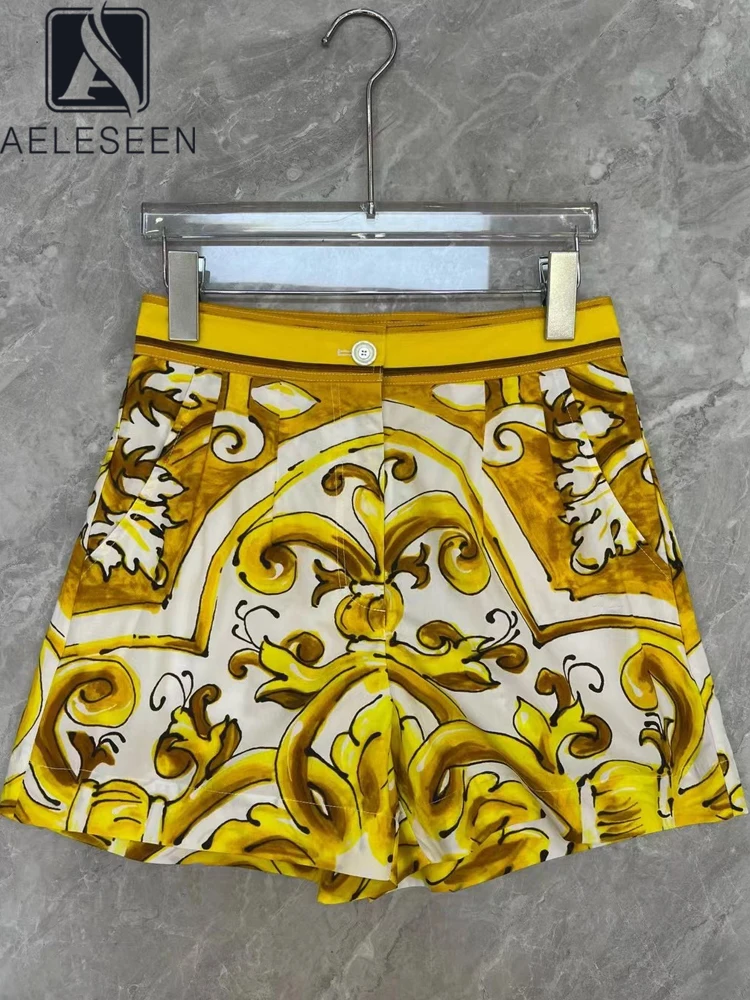 

AELESEEN 100% Cotton Casual Shorts Runway Fashion Women High Waist Yellow And White Porcelian Print Poplin Holiday Bottoms