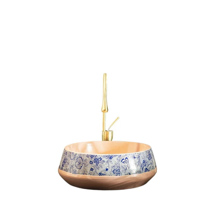 

Blue and white ceramic table basin retro bathroom washbasin balcony washbasin bathroom round