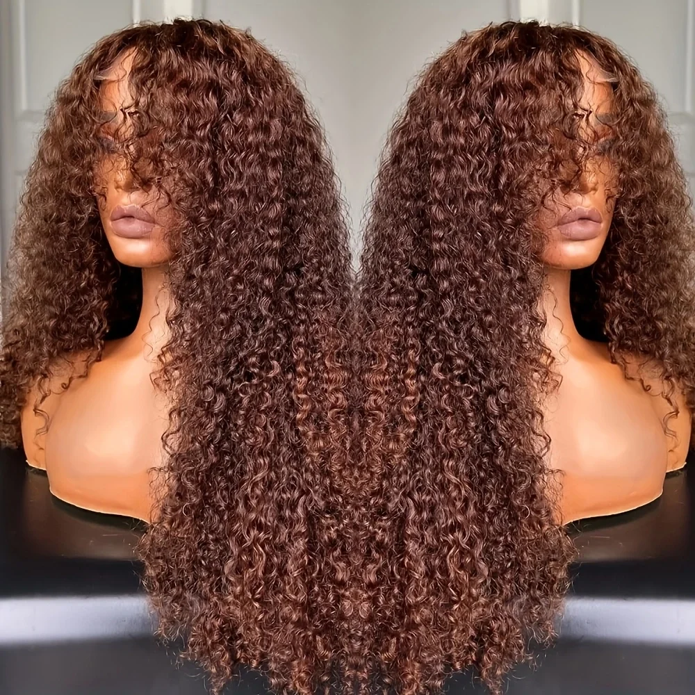 

Brown Kinky Curly 26Inch 180%Density 13*4*1 Lace Front Wigs For Women With Bangs Synthetic Fiber Daily Wear Wigs