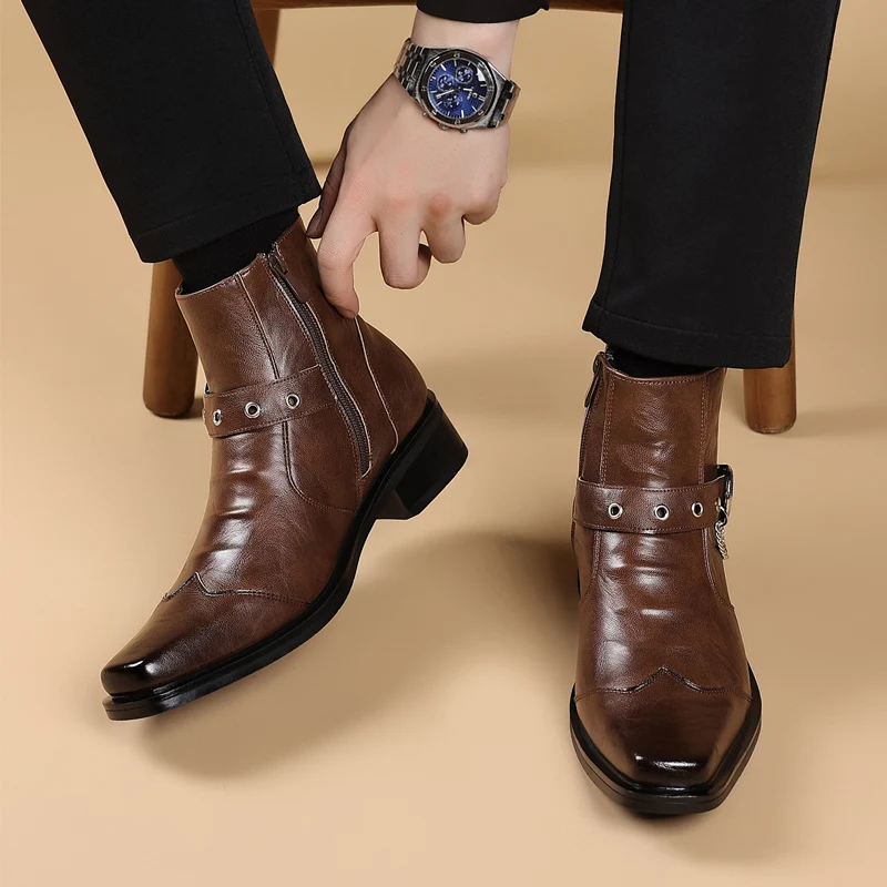 Size 38-46 Fashionable Men Ankle Boots Black-brown Color Side Zipper British Trend High-top Business Boots Social Boots Men