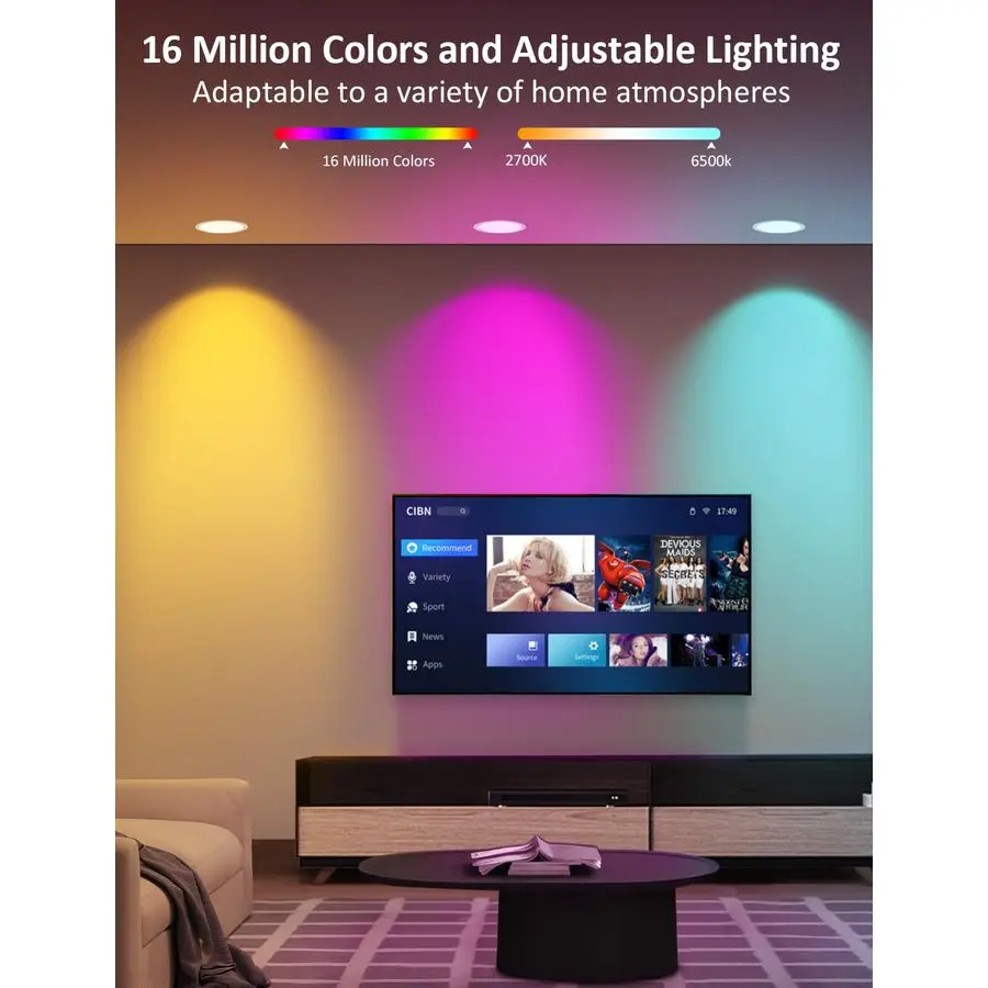 Éclairage encastré intelligent 6 pouces RGB Downlight peut allumer 13W 1100LM 93CRI, WiFi amp Bluetooth plafonnier avec SignalBoosting M