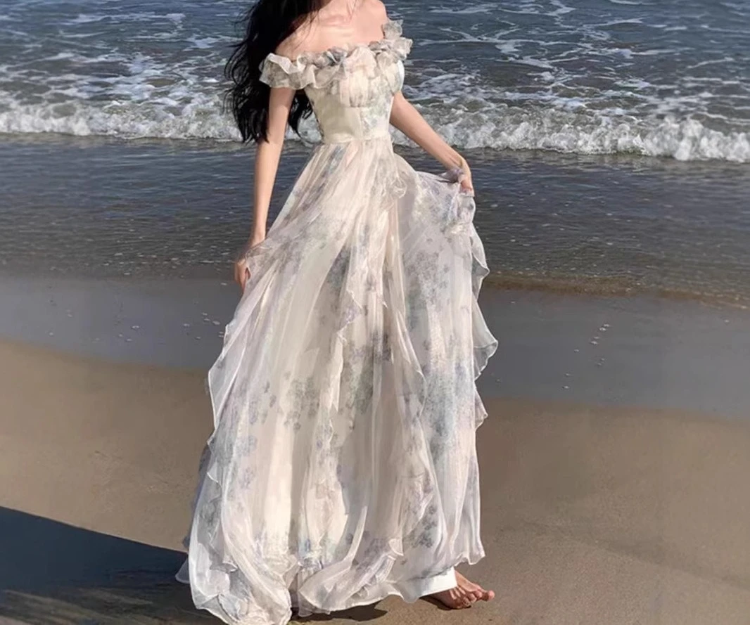 

Strap Top Dress Ruffle Edge Beach Dress Atmospheric Long Dress Elegant Fairy Style
