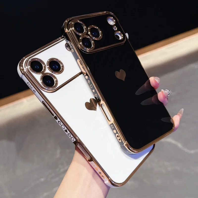 Luxury Plating Love Heart Soft Phone Case For iPhone 17 Air 16 15 14 13 12 11 Pro Max Mini Plus Edge Pattern Silicone Back Cover