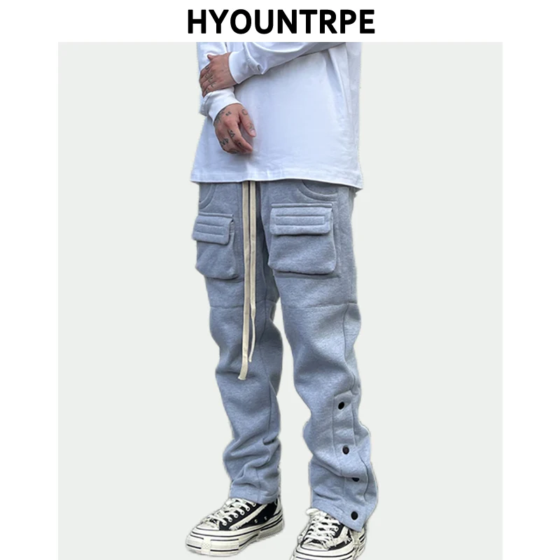 Mens High Street Loose Fit Elastic Waist Pants Winter Warm Fleece Pants Bottons Hip Hop Drawstring Sportwear Sweatpants Joggers