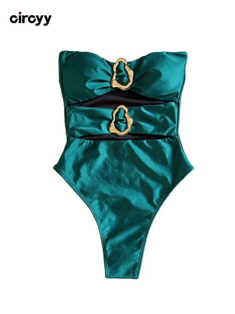 Strapless Swimsuit Women Metal Decor One Pieces Swimwear Hollow Out Sexy Bodysuit Summer 2026 New Fashion Bathing Suit