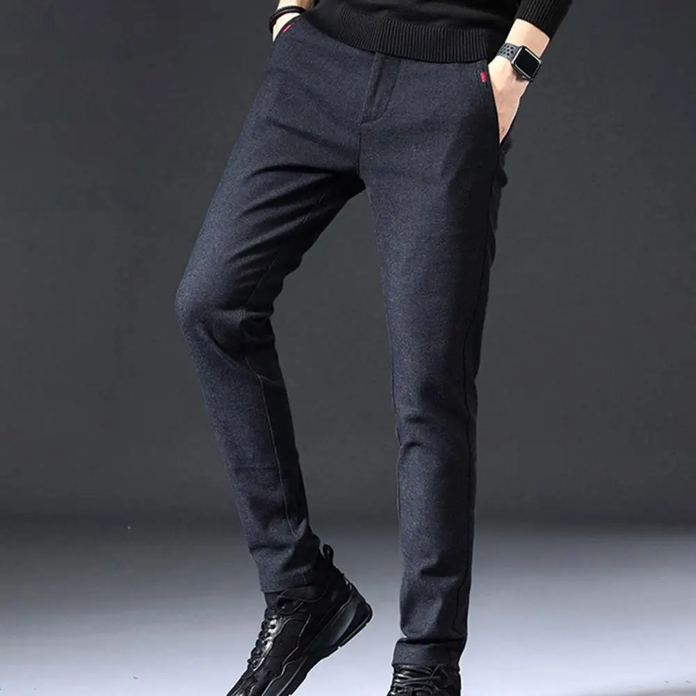 Men Pants Straight Drawstring Elastic Waist Slim Fit Casual Trousers Soft Formal Business Style Mid-aged Men Long Trousers