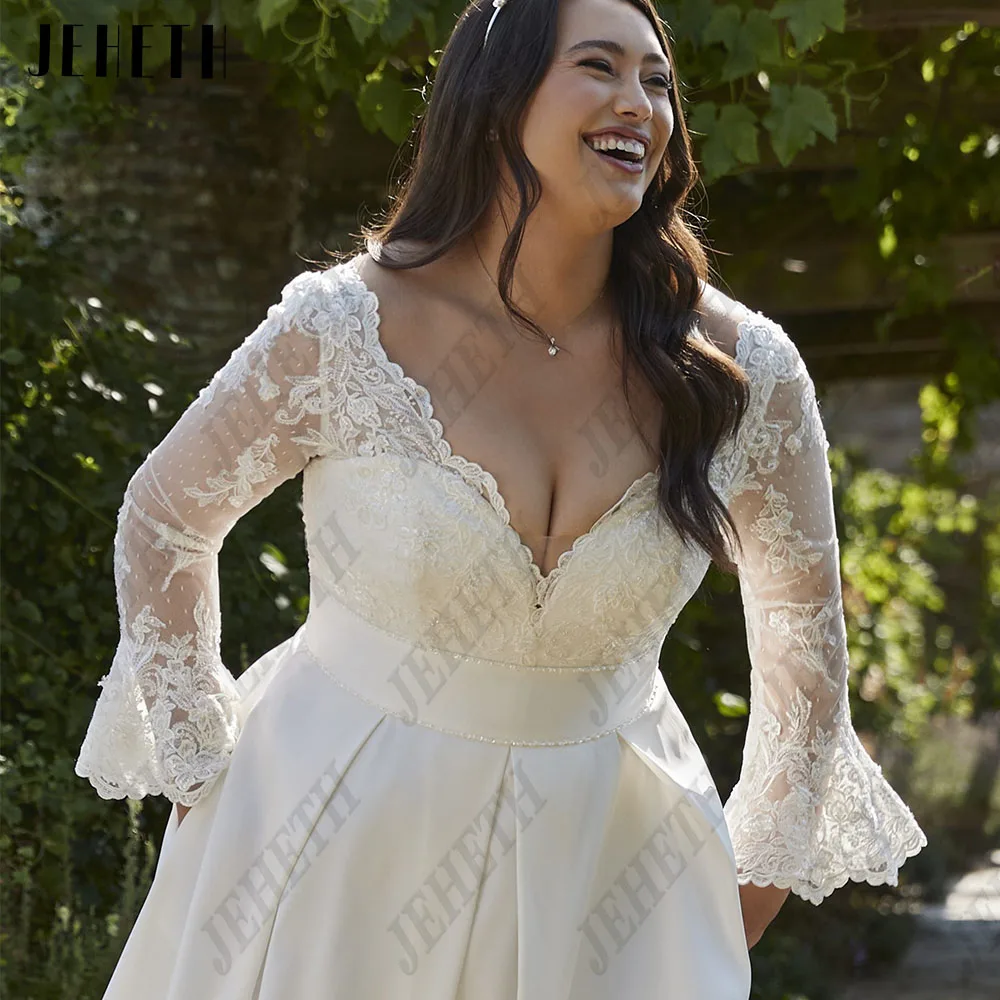 JEHETH Elegant Wedding Dresses For Woman Plus Size Long Sleeves V-Neck Zipper Back Bride Gowns Satin Empire vestidos de novia