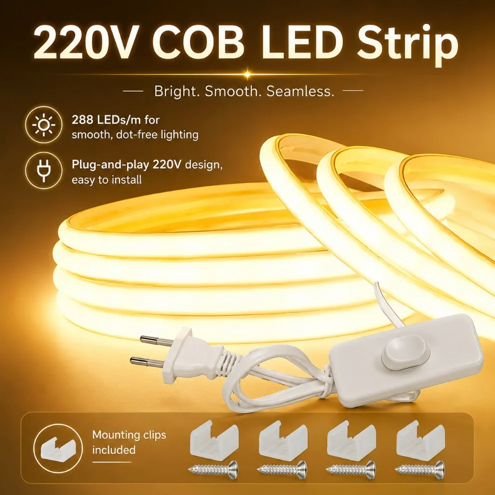 10mm Lens COB LED Strip AC220V RA95 288LEDs/m with Dimming EU plug IP65 Waterproof Flexible Tape for Home Garden Courtyard Decor