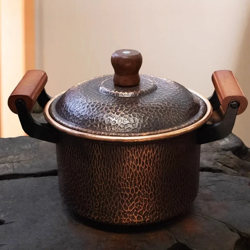 Hand-Forged Pure Copper Deep Soup Pot with Vintage Double-Loop Handles Gas & Induction Safe for Stew Cooking