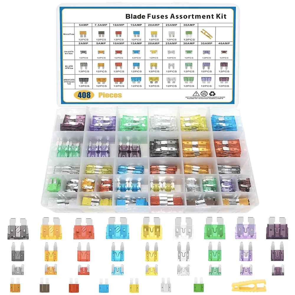 408 PCS Fuses Assortment Kit Standard Mini LP Mini Micro2 Blade Fuse ATO ATC APS ATS APR 2A -40A Replacement Fuses