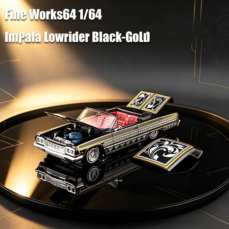 Fine Works64 1:64 Scale Impala Lowrider Black‑Gold Bounce Car Alloy Car Model For Collection Display & Holiday Gifts Toys
