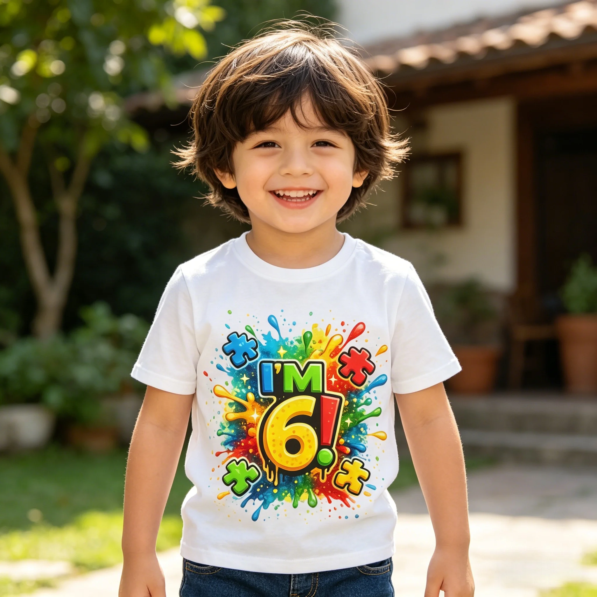 6th Birthday Splash Paint Letter Print Kids T-Shirt Loose Casual Fit Soft Breathable Cotton for Daily Outdoor Activity
