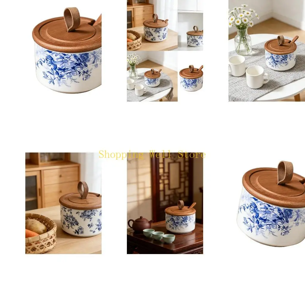 KX4B Convenient Ceramic Salt Dispenser Including Cover And Spoon Seasoning Bowl