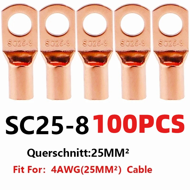 100PCS   Copper Lug Ring Wire Connectors Bare Cable Electric Crimp Terminal SC6-6 SC6-8 SC10-6 SC10-8 SC16-6 SC25-6 SC25-8