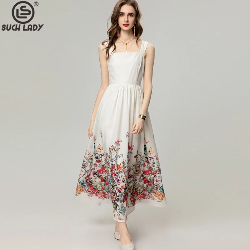 

Women's Runway Dresses Spaghetti Straps Printed Floral Fashion High Street Holiday Casual Vestidos