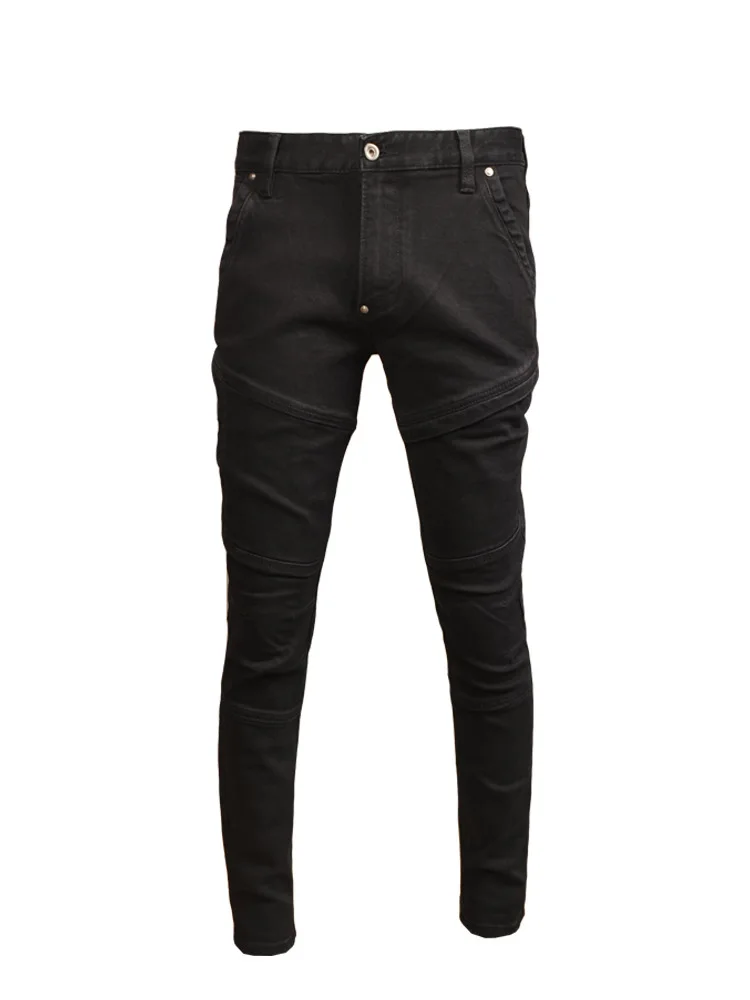 Stitching Black Jeans Men's All-Match Fashionable Slim Fit Skinny Stretch High-End Washed Casual Tight Motorcycle Pants