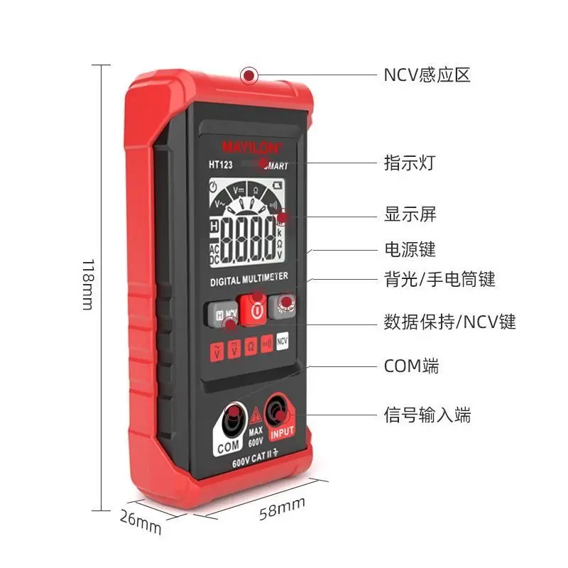 HT123 Digitale multimeter Professionele AC DC-voltmeter Spanningsdetector Weerstand Continuïteit NCV Elektrische multitester