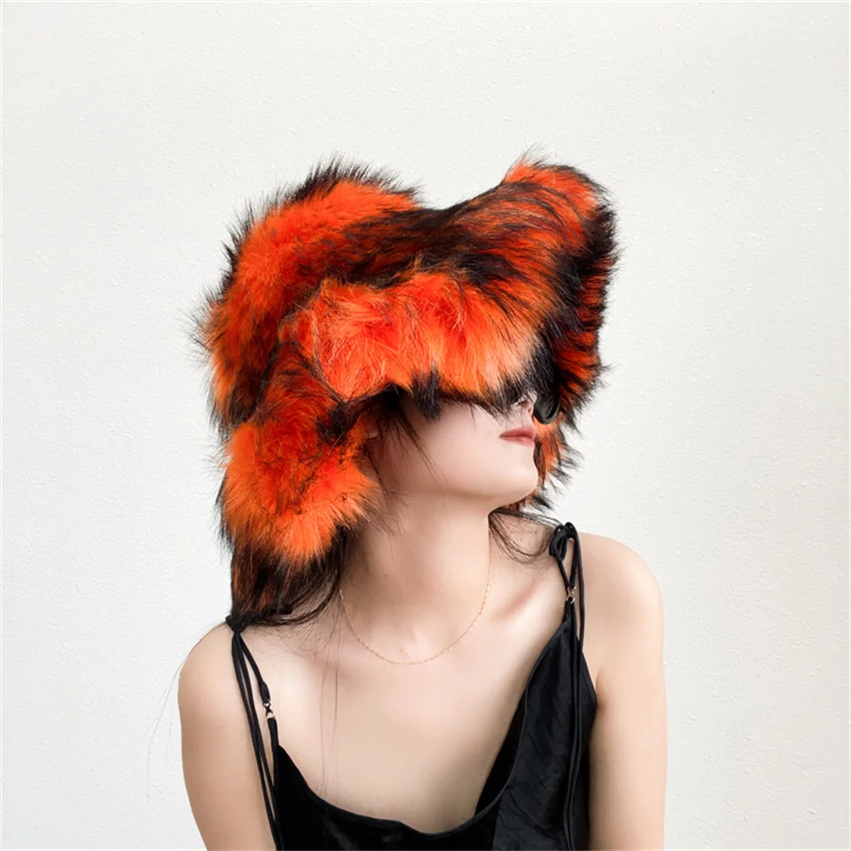 Women's Winter Warm Thickened Imitation Raccoon Fur Hat Fluffy Oversizd Y2K Bucket Hat Fur Hat Bucket Hat Gorros Invierno Mujer