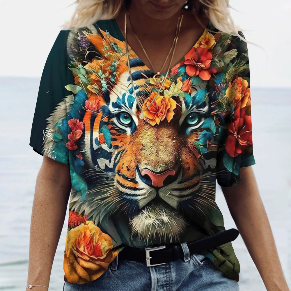 New Women\'S T Shirt 3d Animal Print V-Neck Short Sleeve Tops Tees Streetwear Female Oversized Tshirt Fashion Woman Clothing 2023