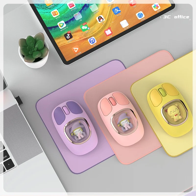 Dual Mode Type-C Charging Mouse with Cute Pink Cartoon Doll Inside Backlit Luminous Optical Mice For Laptop Computer Girl Gifts