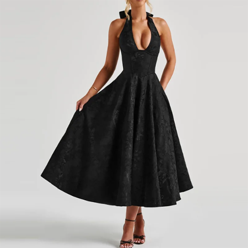 Abiti da ballo pieghettati con fasciatura senza schienale primaverile Papillon con scollo all'americana Abito da festa da donna solido Abito lungo altalena slim fit jacquard estivo