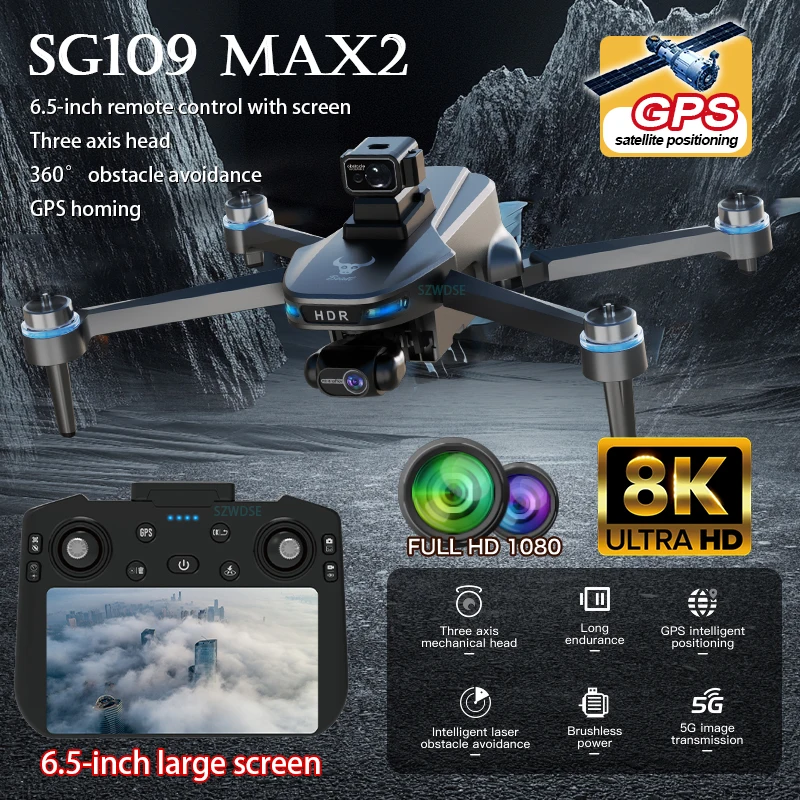 2025 New SG109 MAX2 GPS Drone, 8K Camera, 3-Axis Gimbal, 5G FPV, Laser Obstacle Avoidance, Screen Remote,Brushless RC Quadcopter