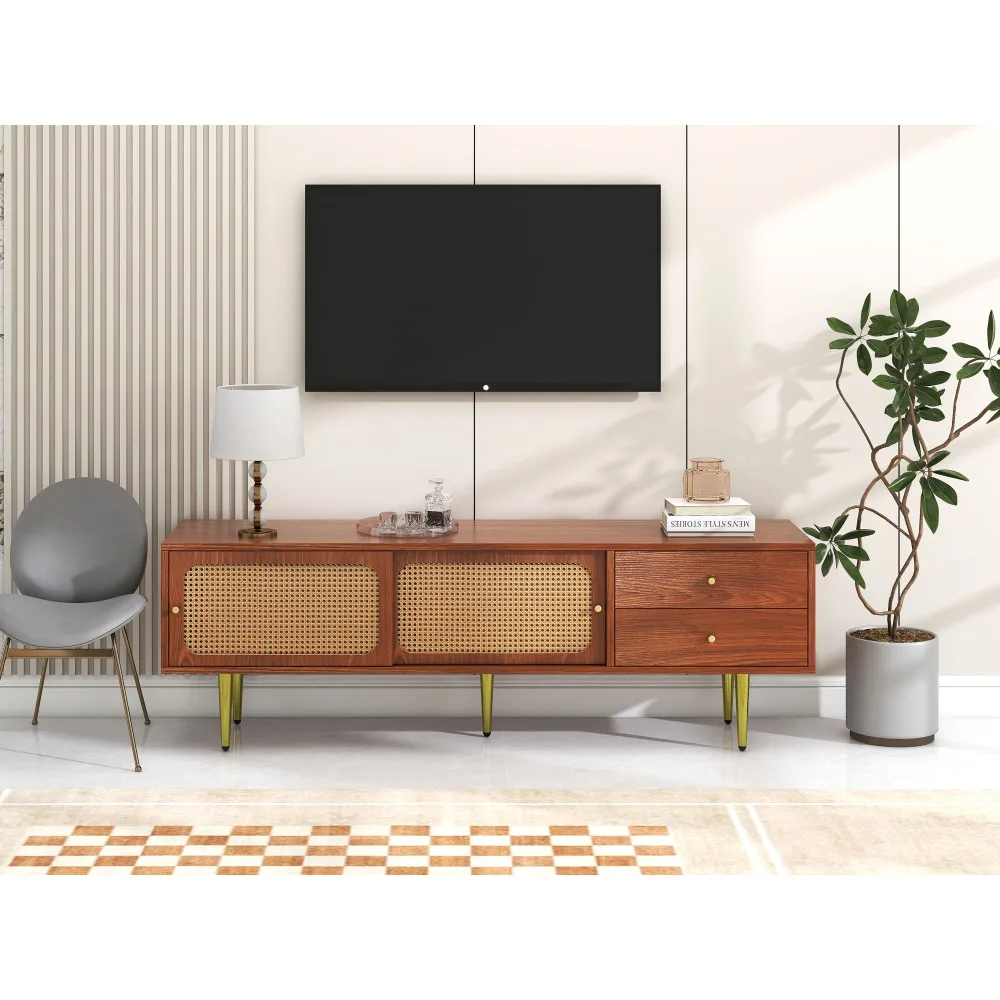 Stilvoller TV-Ständer aus Walnussholz mit 2 Rattan-Schiebetüren und praktischen Schubladen aus dunklem Kunststoff und Rattan – Detail 15