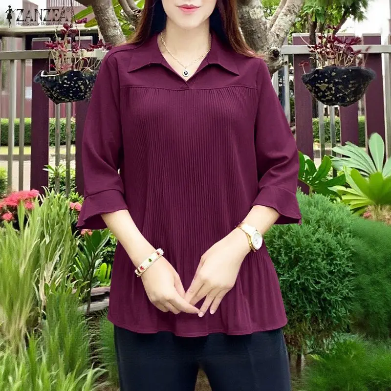 

Vintage Women Blouse 2026 ZANZEA Summer Lapel Neck 3/4 Sleeve Shirt Casual Solid Pleated Tops Female Work Blusas Mujer Oversize