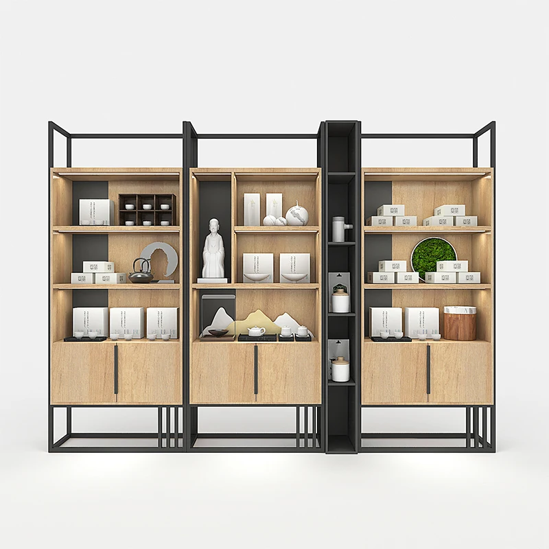 Tea display cabinet, tea ware, porcelain, and light display combination rack, simple tea space