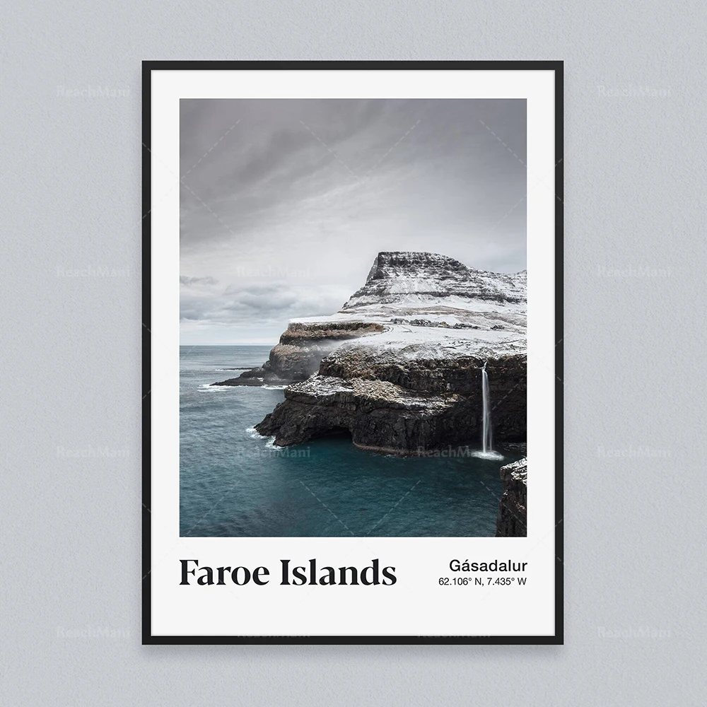 جزر فارو، أيسلندا، النرويج، فنلندا، غروب الشمس، المناظر الطبيعية الجبلية مع جرف الشلال، ملصق سفر مطبوع للتصوير الفوتوغرافي الطبيعي #2