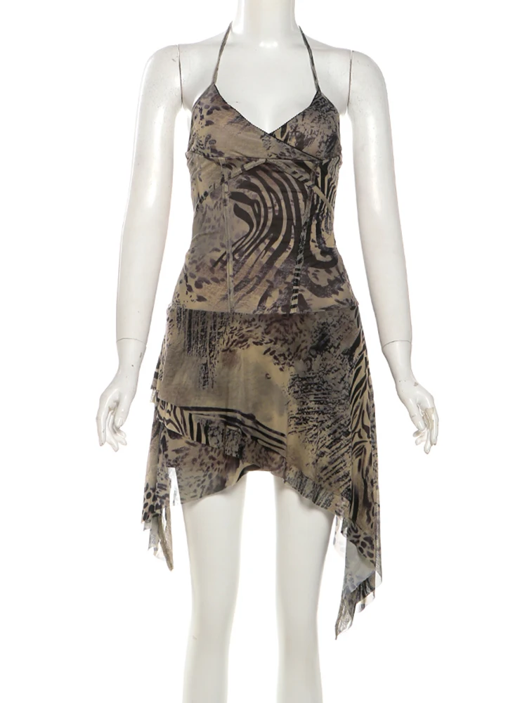 Nibber Hottie Sexy Leopard Slip Dress Women Mesh Irregular Stripe Print Patchwork Tierred Low Chest Skinny Clubwear Mini Bodycon