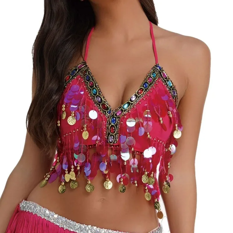 Top corto sin mangas con borlas y cuello Halter para danza latina, ropa de baile para escenario, espectáculo, fiesta, Club, sujetador con tirantes y espalda descubierta para verano