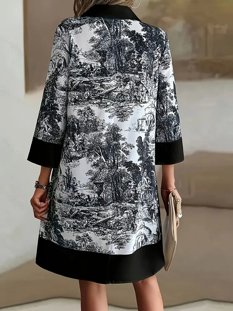 بيع التخليص حجم كبير طباعة المناظر الطبيعية زر أسفل ثلاثة أرباع كم فستان قصير ملابس النساء الصينية الأنيقة