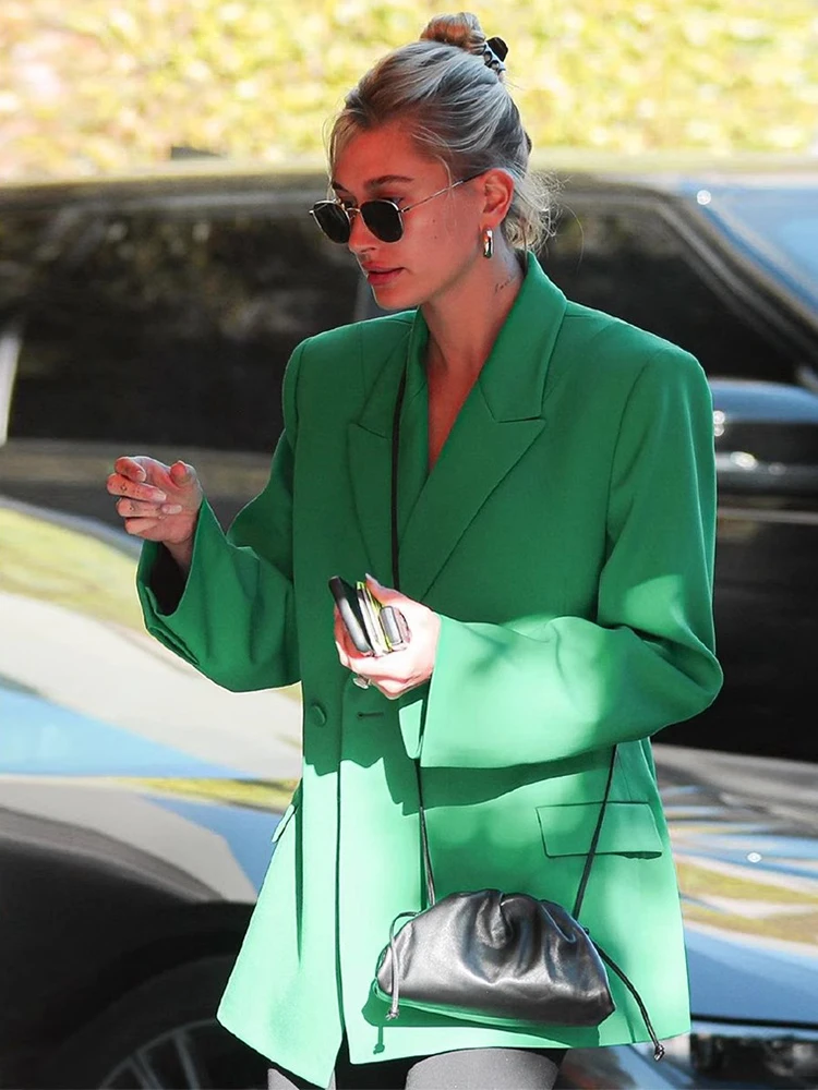 Hailey Bieber Green Single Button Commuter Elegant Slim Fit Small Suit Spring Outerwear Women's Fashion Business Style Long S...