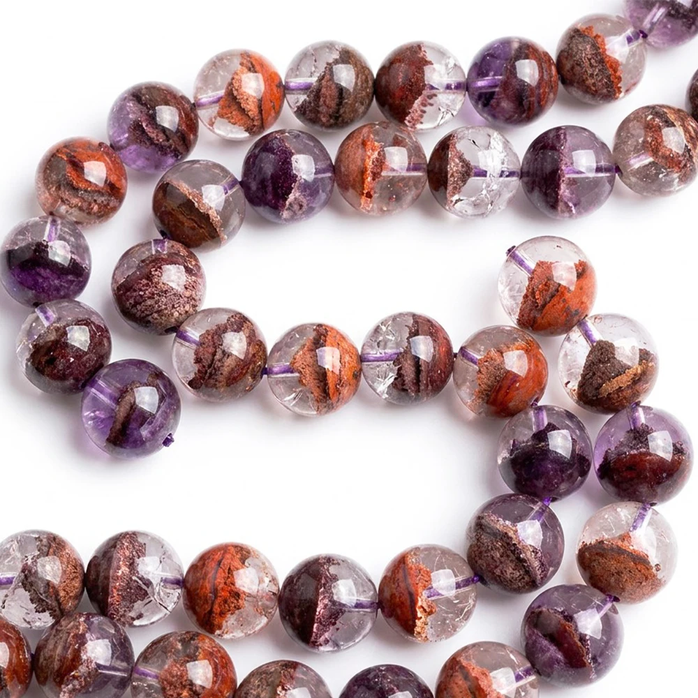 Natural Purple Phantom Quartz Loose Beads 8-16mm Round Crystal Stone Healing Energy Bead for DIY Craft Making Meditation Supplie